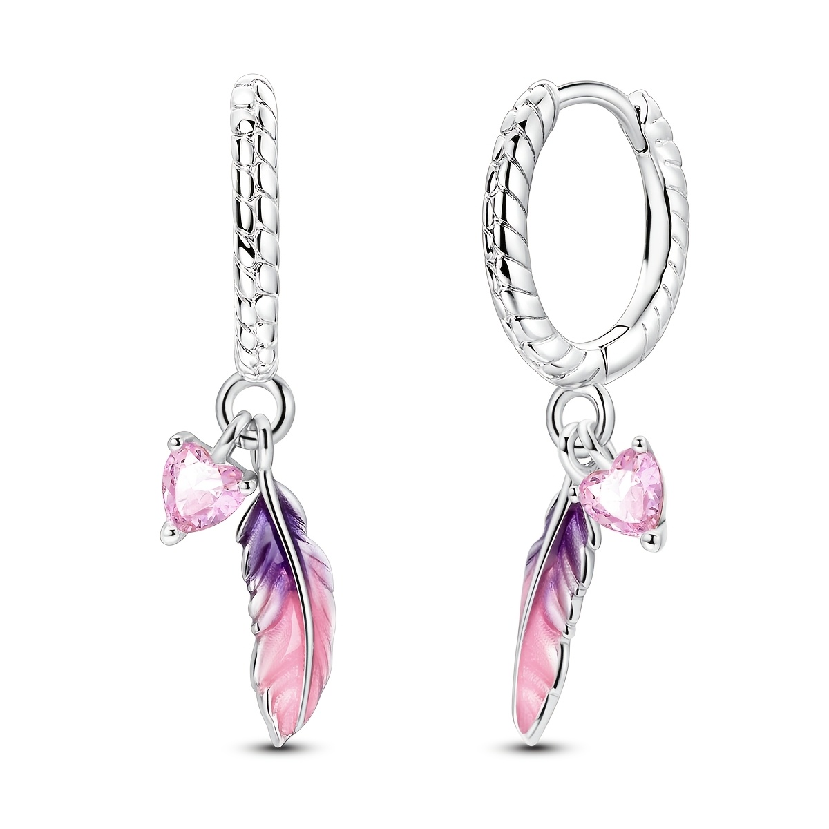 Women's Platinum Plated Elegant Pink Feather Hoop Earrings